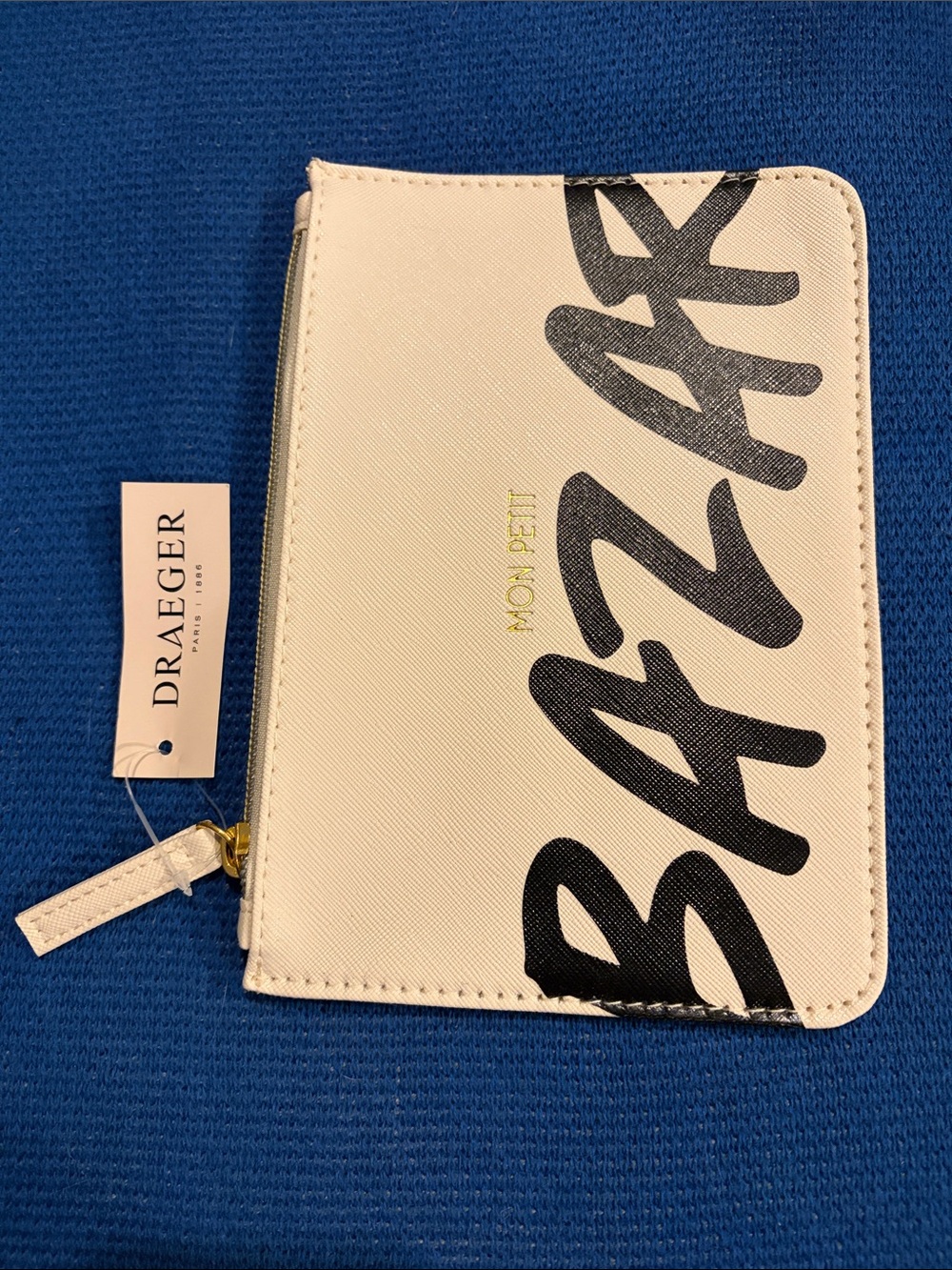 Mon Petit Cream Zip Wallet with Black Script